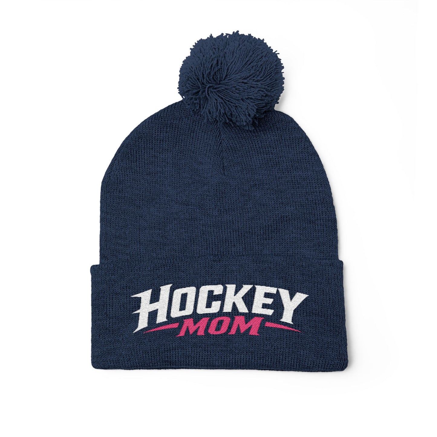 Hockey Mom Pom-Pom Knit Cap — Embroidered Winter Beanie