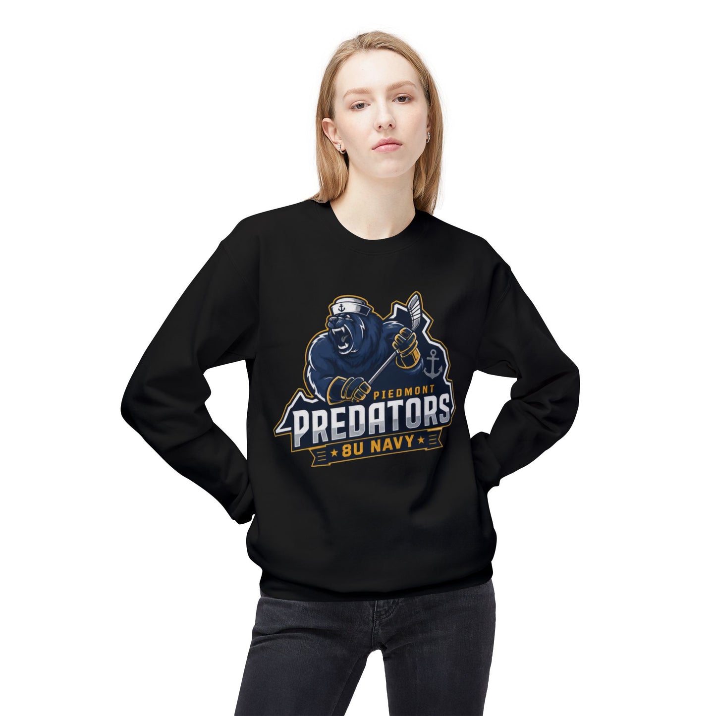 Predators Team Crewneck Sweatshirt — Piedmont 8U Navy  (Back: MOM 43)