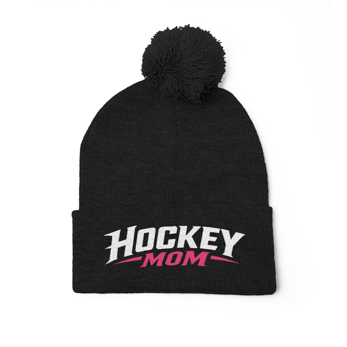 Hockey Mom Pom-Pom Knit Cap — Embroidered Winter Beanie