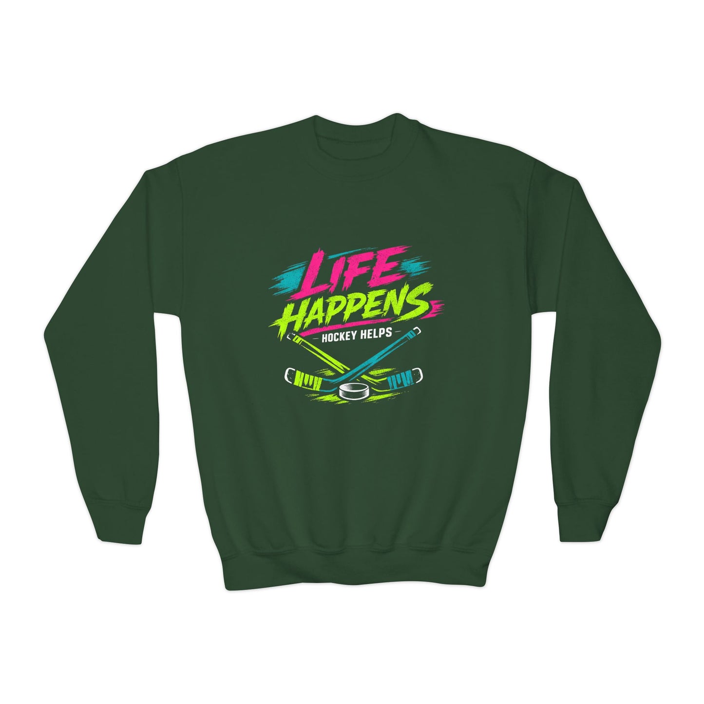 Youth Crewneck Sweatshirt — "Life Happens, Hockey Helps"