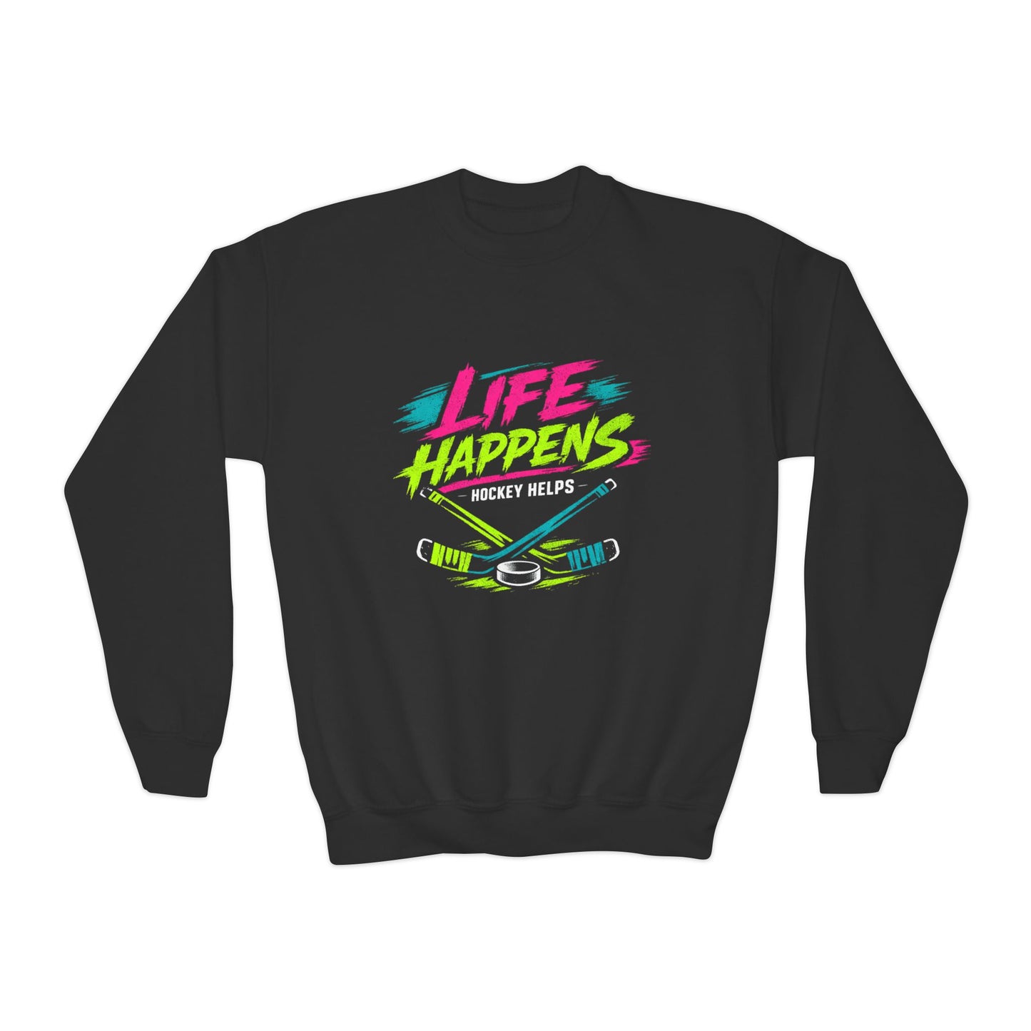 Youth Crewneck Sweatshirt — "Life Happens, Hockey Helps"