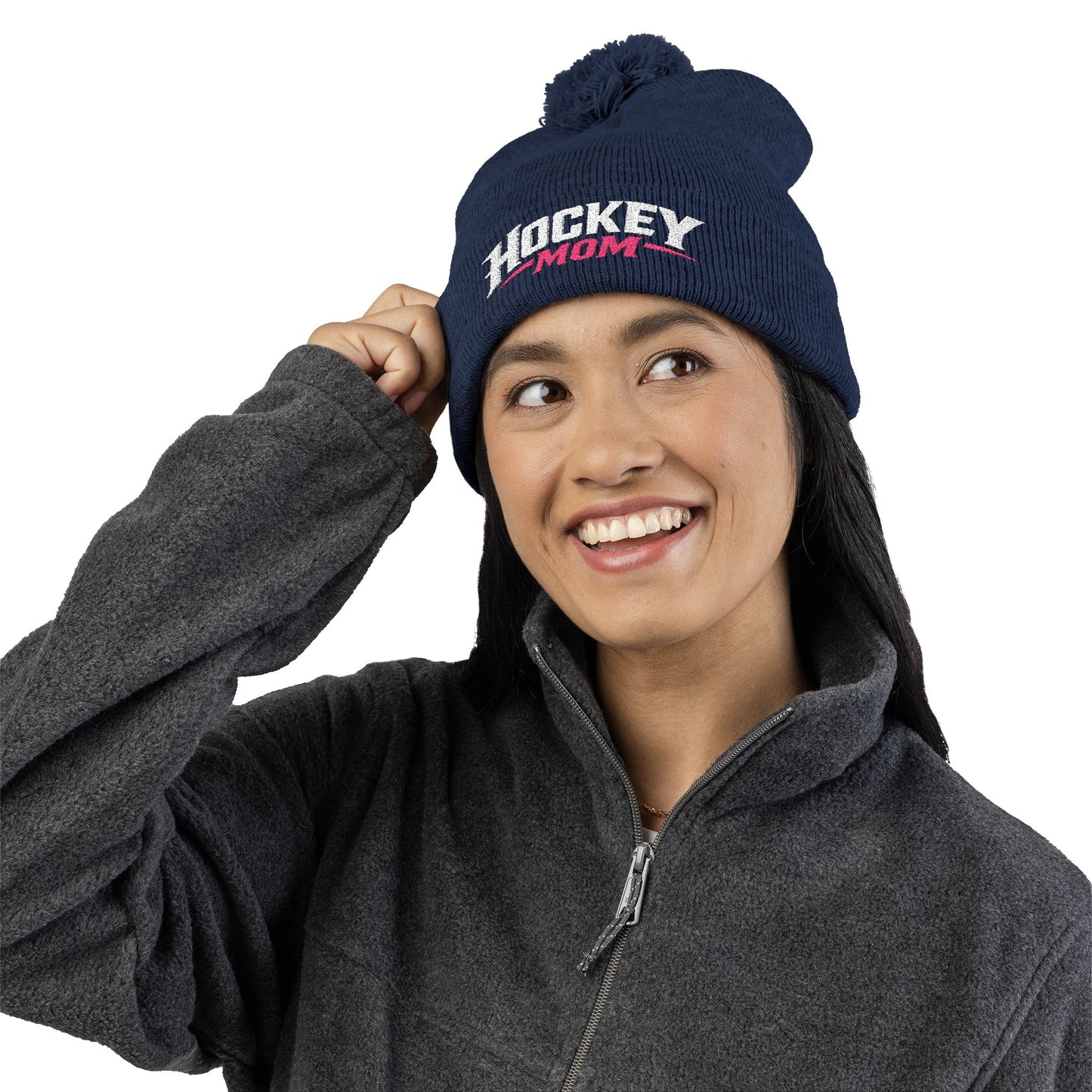Hockey Mom Pom-Pom Knit Cap — Embroidered Winter Beanie