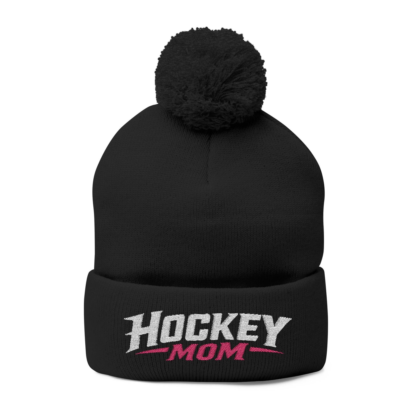 Hockey Mom Pom-Pom Knit Cap — Embroidered Winter Beanie