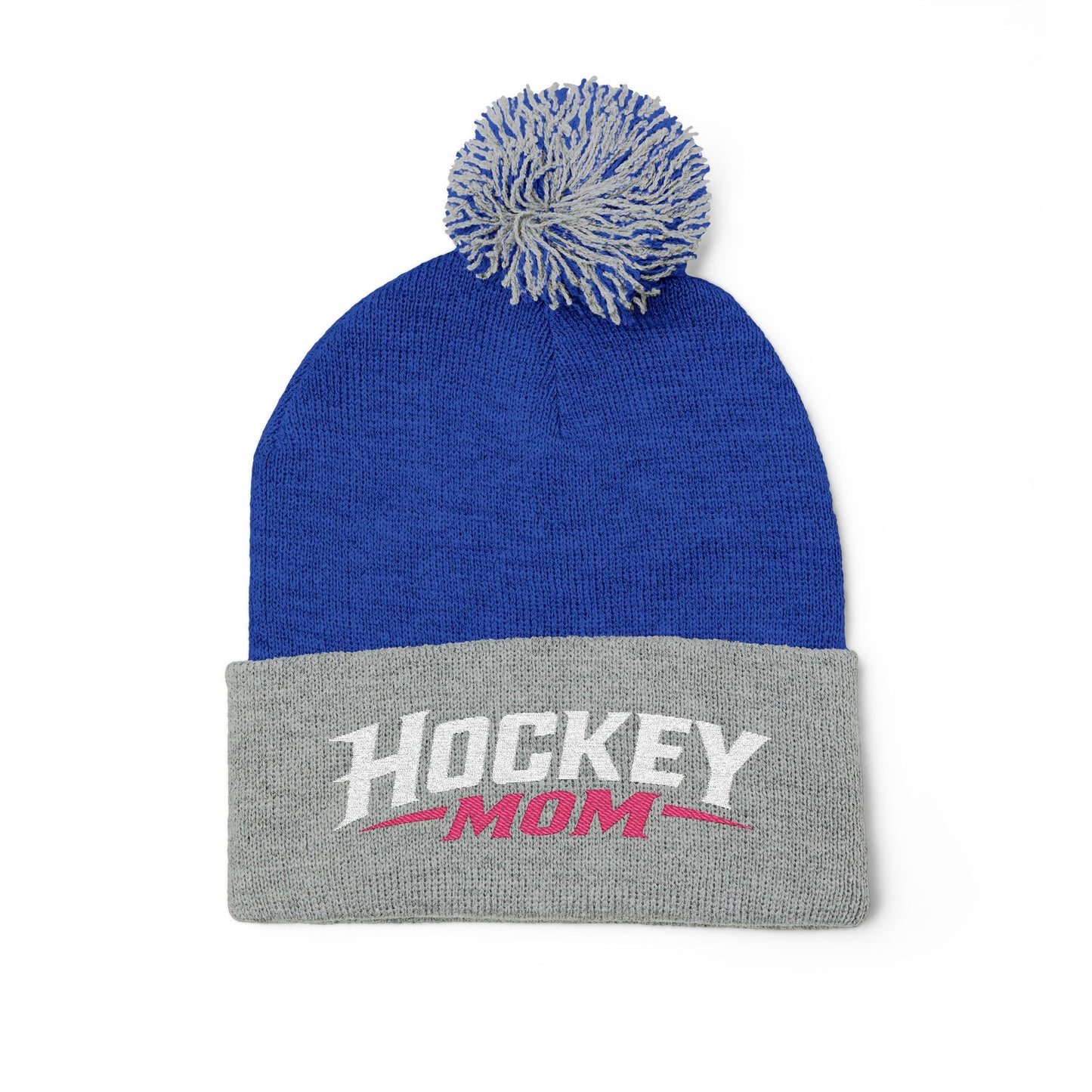 Hockey Mom Pom-Pom Knit Cap — Embroidered Winter Beanie