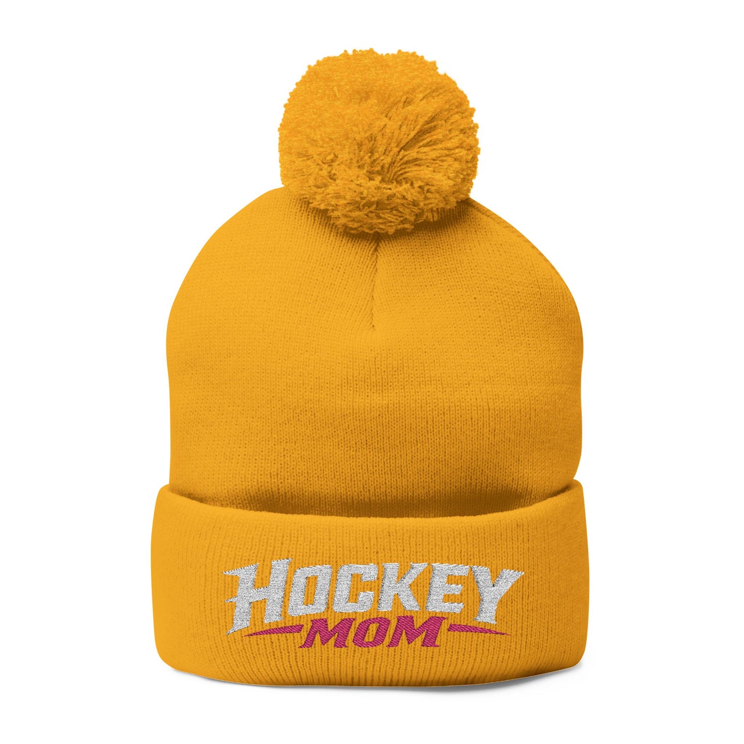 Hockey Mom Pom-Pom Knit Cap — Embroidered Winter Beanie