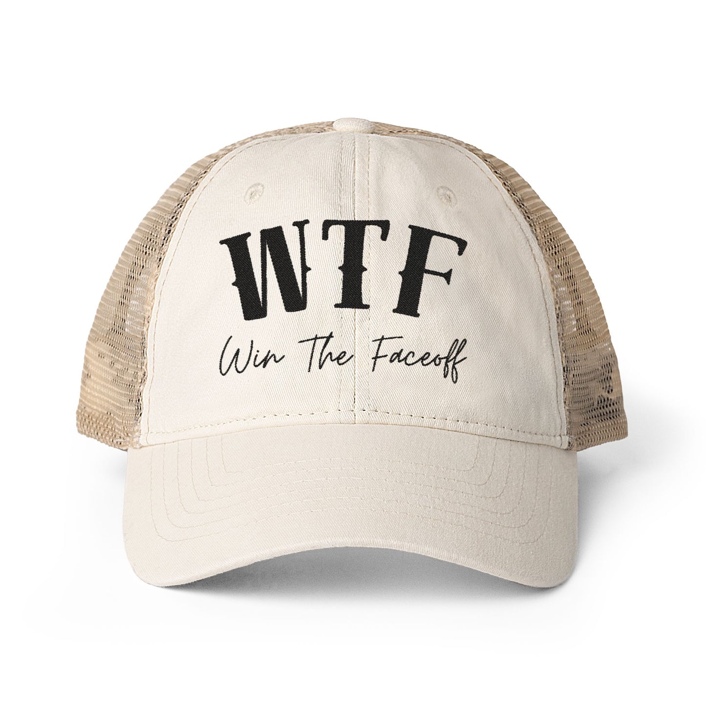 W T F Win The Faceoff Women's Washed Mesh-Back Cap
