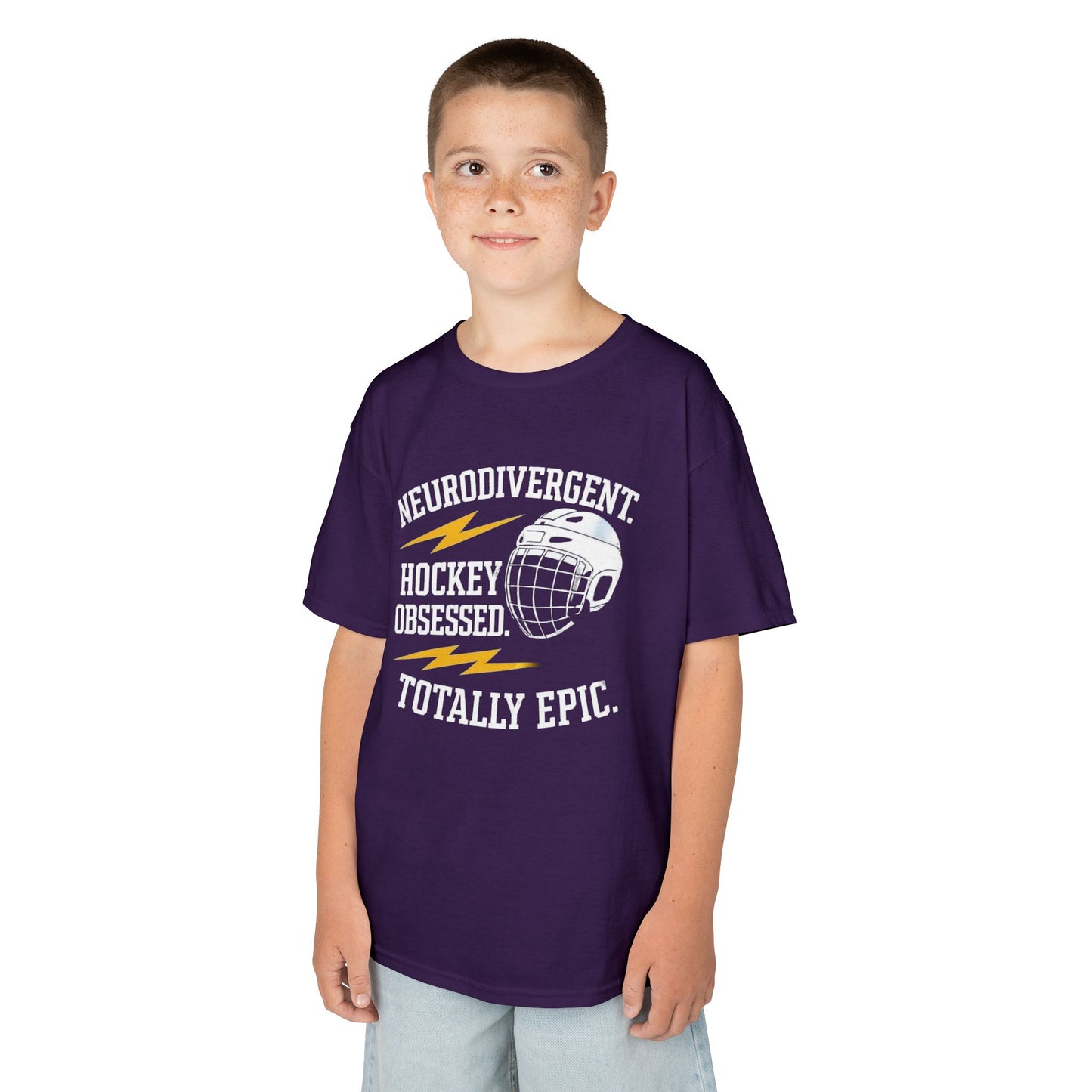 Kids Hockey T‑Shirt — "Neurodivergent Hockey Obsessed, Totally Epic"