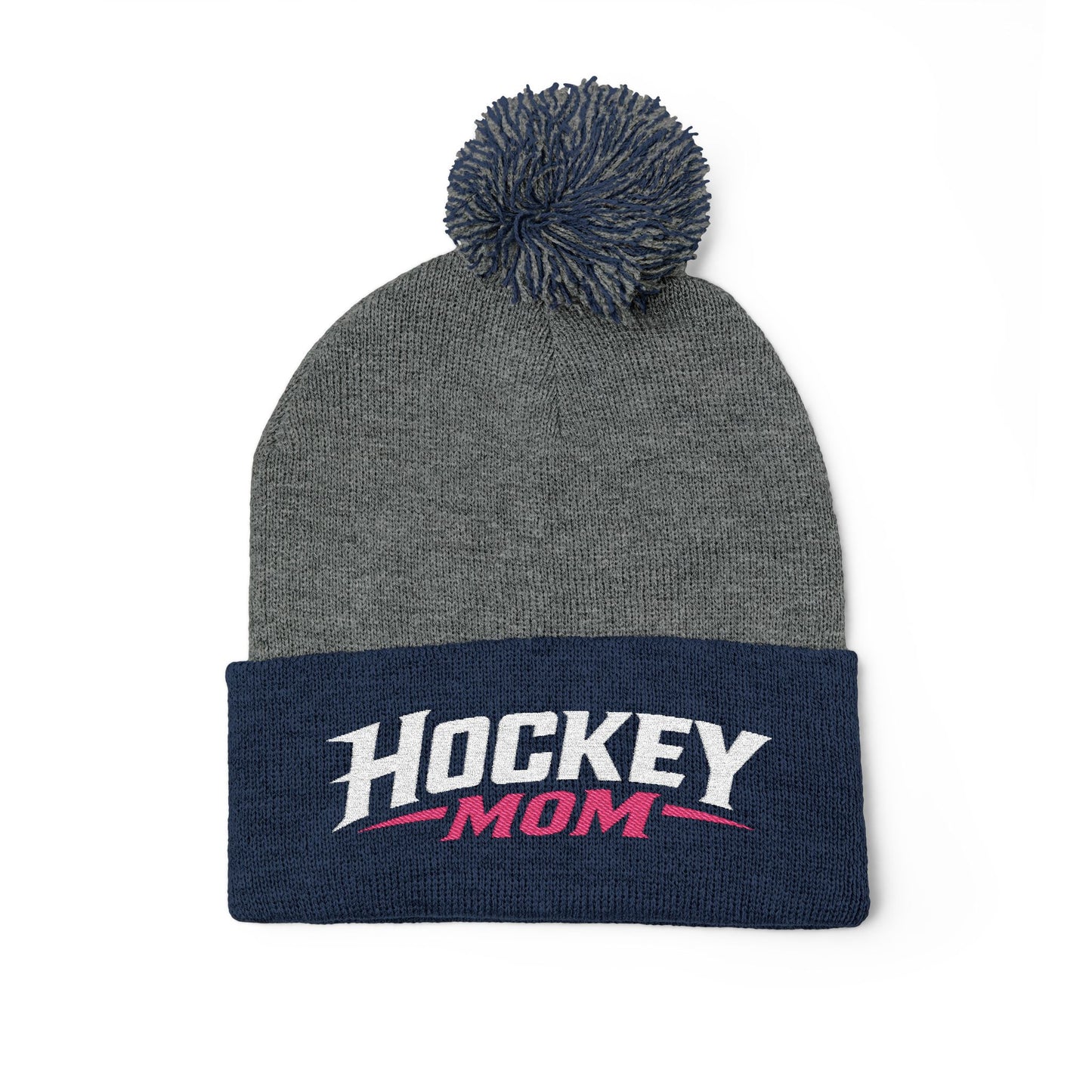 Hockey Mom Pom-Pom Knit Cap — Embroidered Winter Beanie