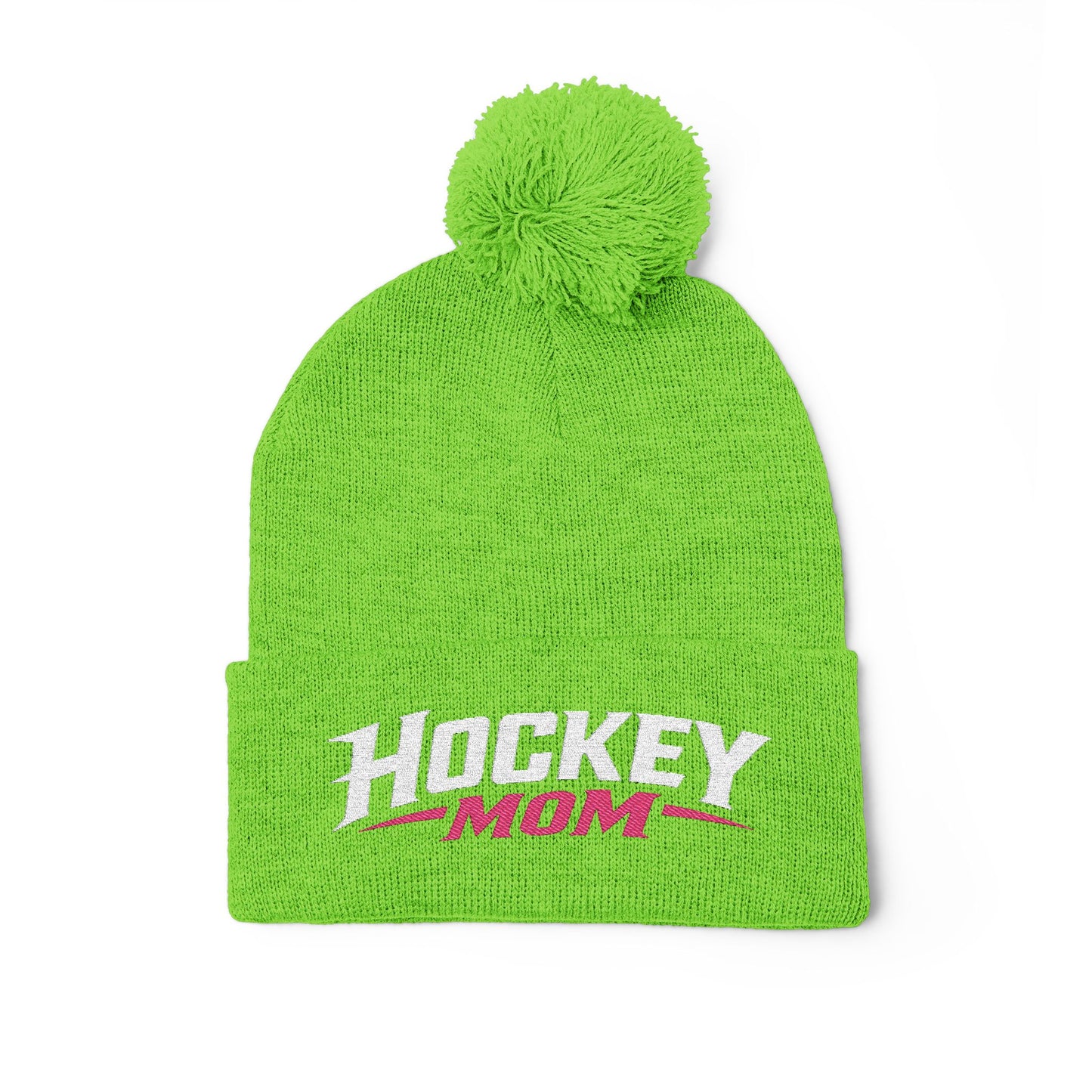 Hockey Mom Pom-Pom Knit Cap — Embroidered Winter Beanie