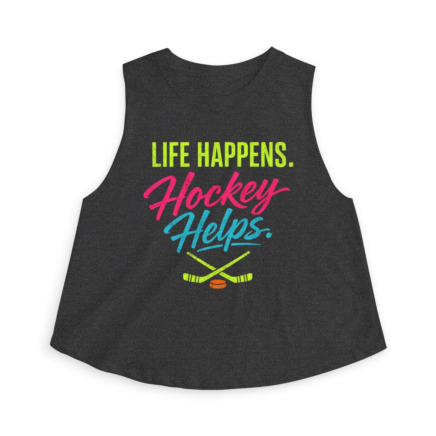 Hockey Helps Crop Top – “Life Happens. Hockey Helps.” Women’s Athletic Tank