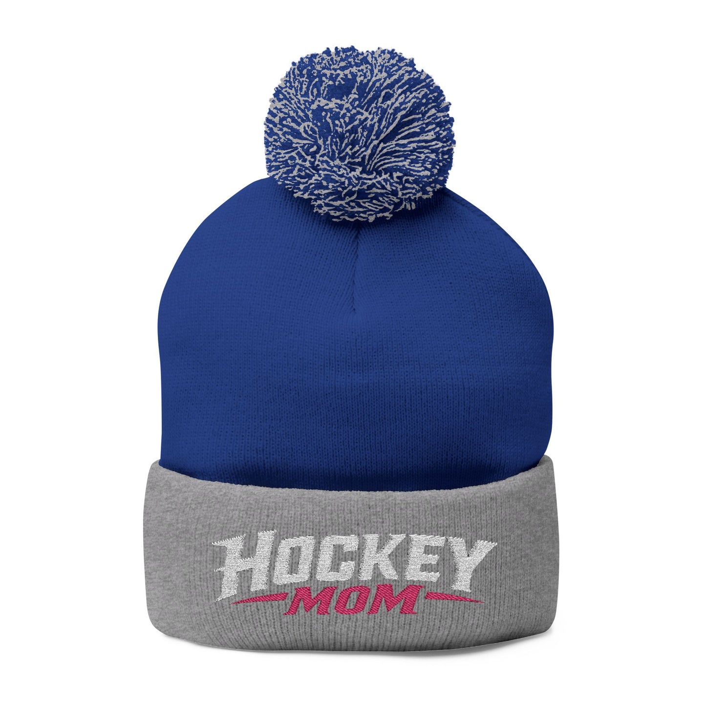 Hockey Mom Pom-Pom Knit Cap — Embroidered Winter Beanie