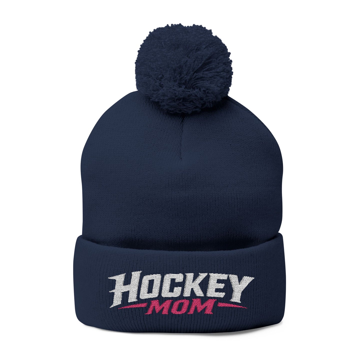 Hockey Mom Pom-Pom Knit Cap — Embroidered Winter Beanie