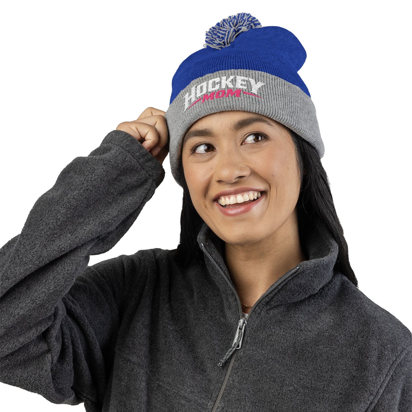 Hockey Mom Pom-Pom Knit Cap — Embroidered Winter Beanie