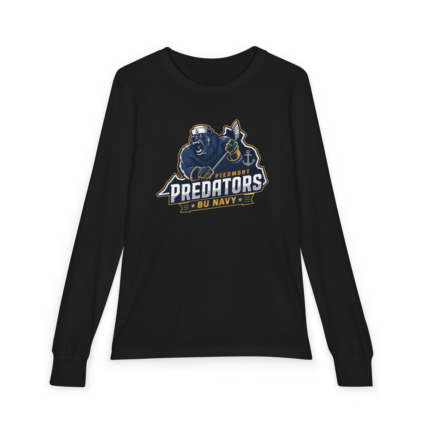 Predators 8U Navy Youth Long Sleeve Tee — Mascot Sports Team Shirt