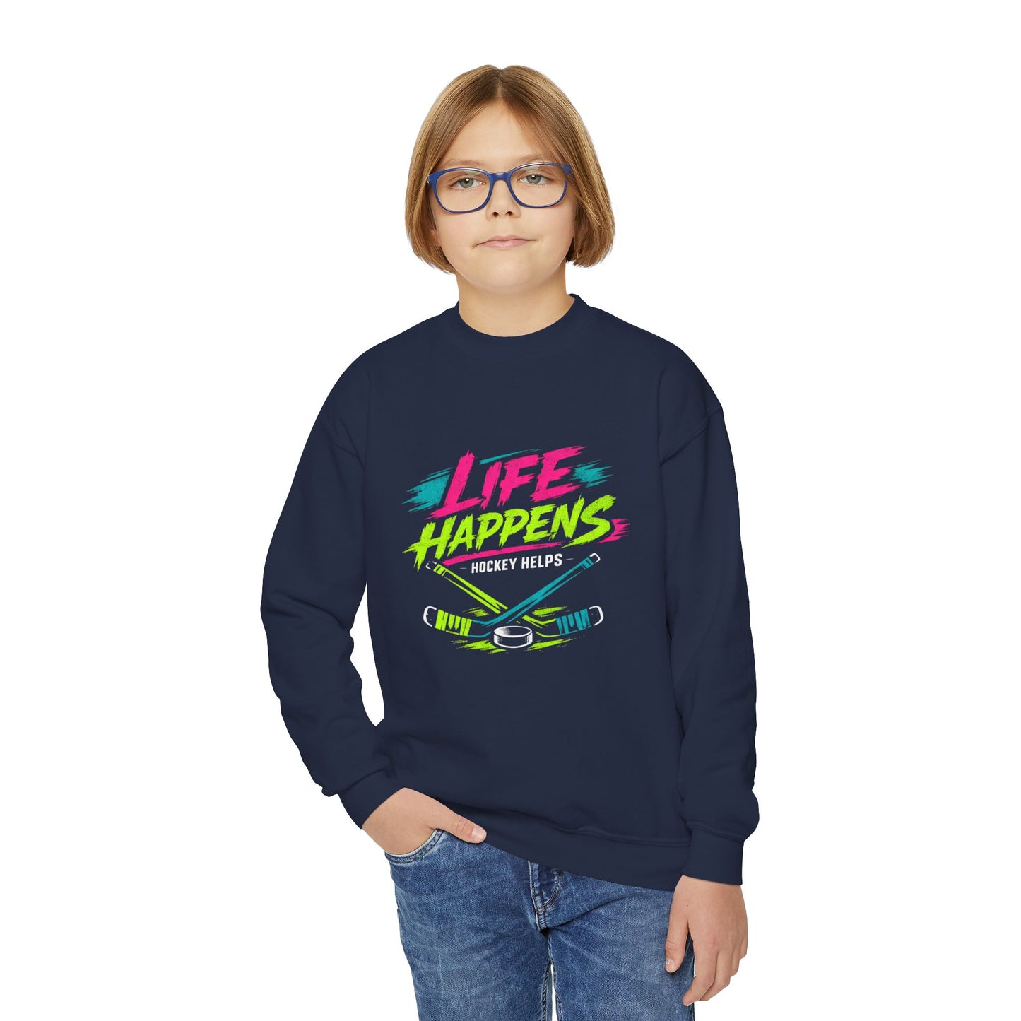 Youth Crewneck Sweatshirt — "Life Happens, Hockey Helps"