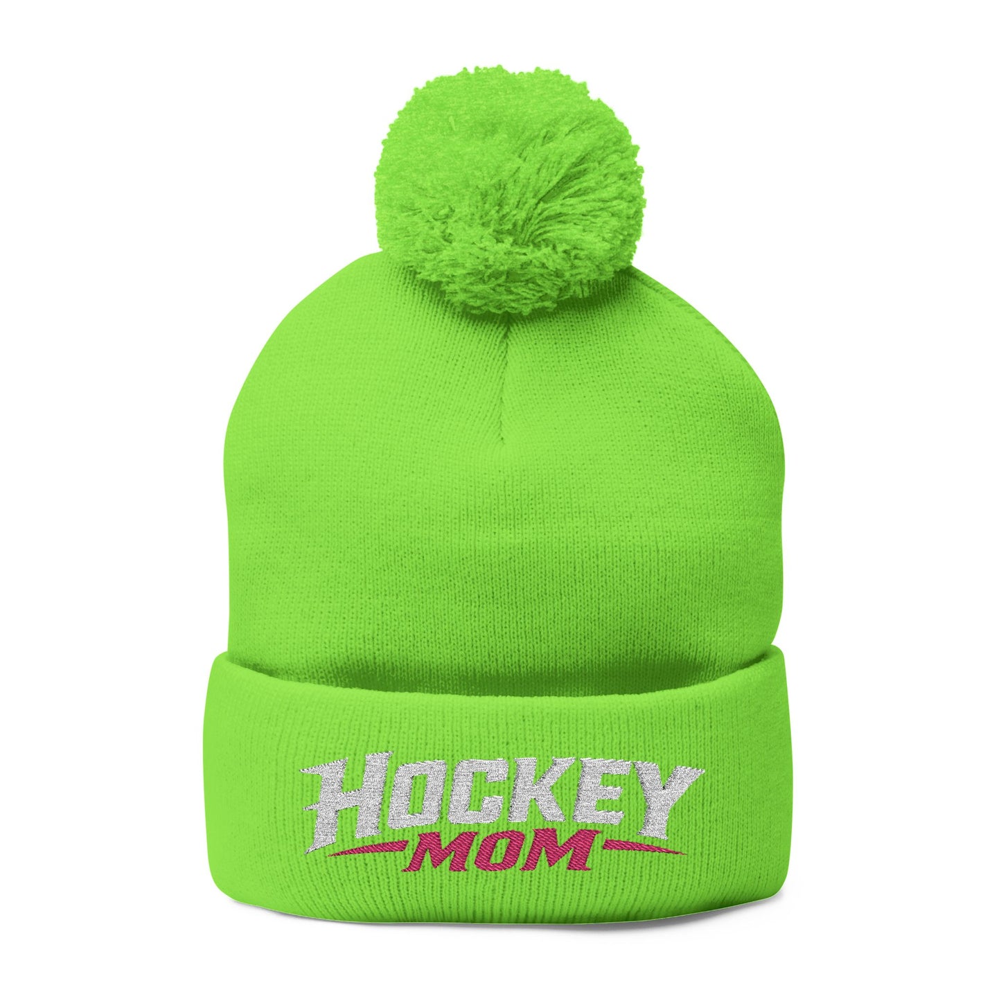 Hockey Mom Pom-Pom Knit Cap — Embroidered Winter Beanie