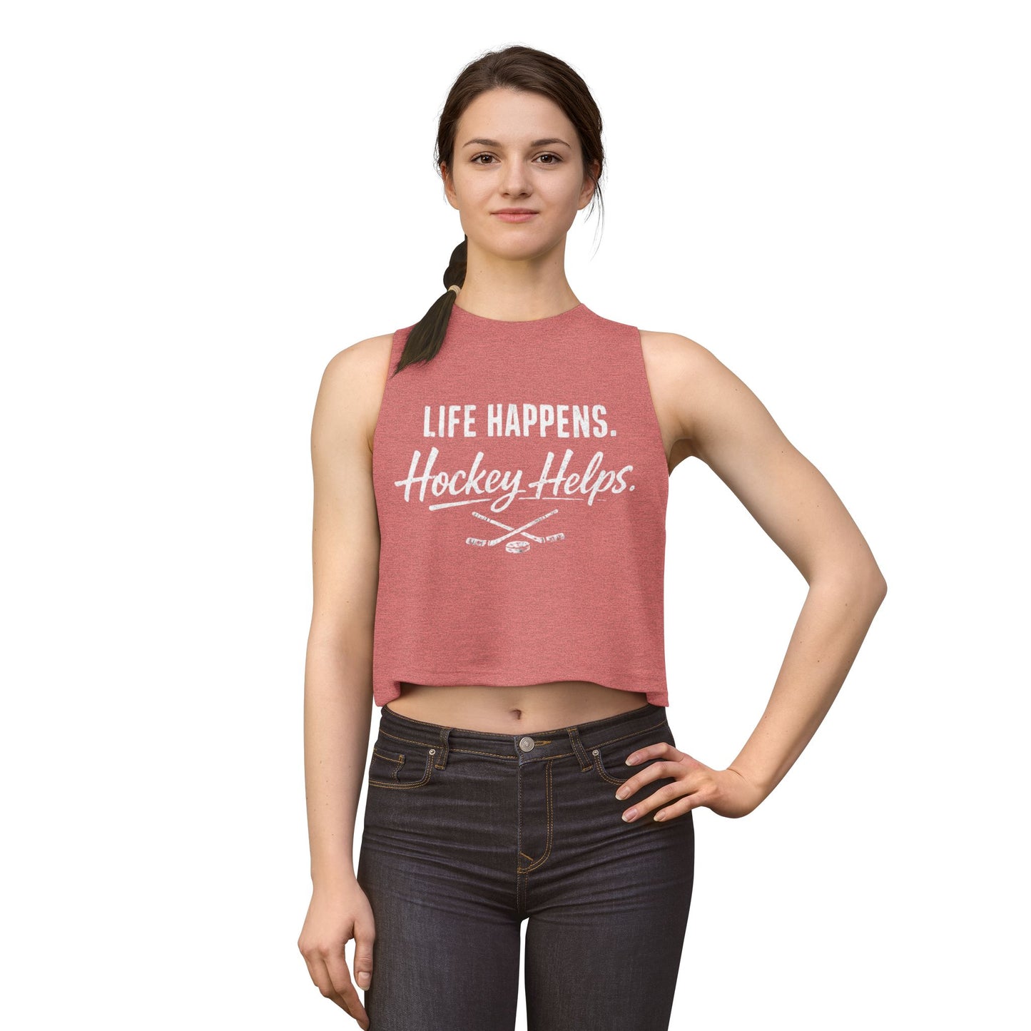 Women's Hockey Crop Top — "Life Happens. Hockey Helps." Athletic Casual Tank