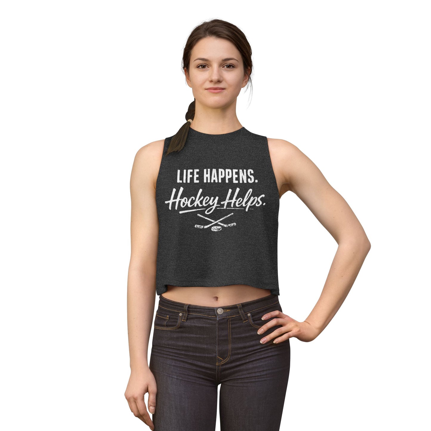Women's Hockey Crop Top — "Life Happens. Hockey Helps." Athletic Casual Tank