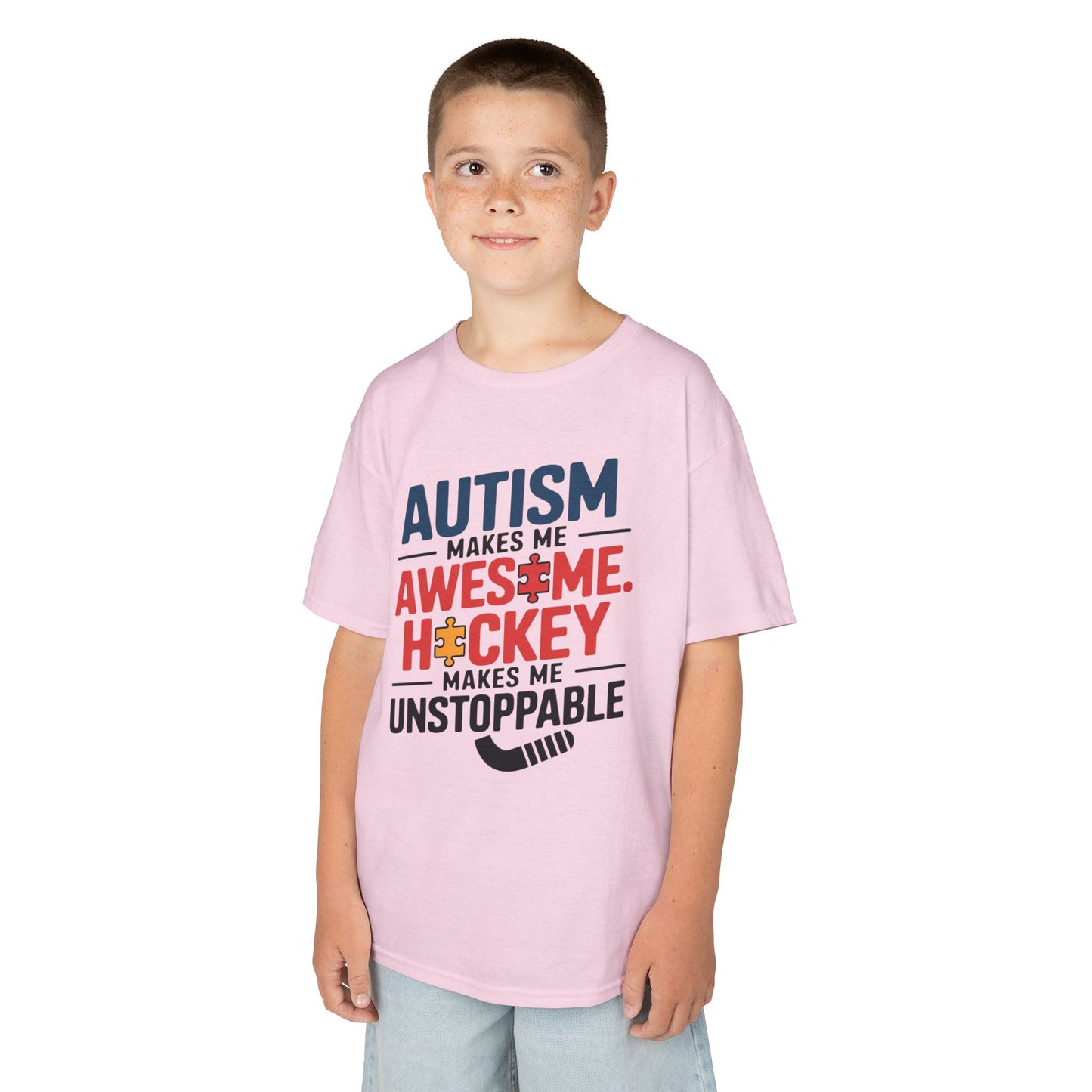 Kids Tee — "Autism Makes Me Awesome, Hockey Makes Me Unstoppable" Youth Hockey Awareness Shirt