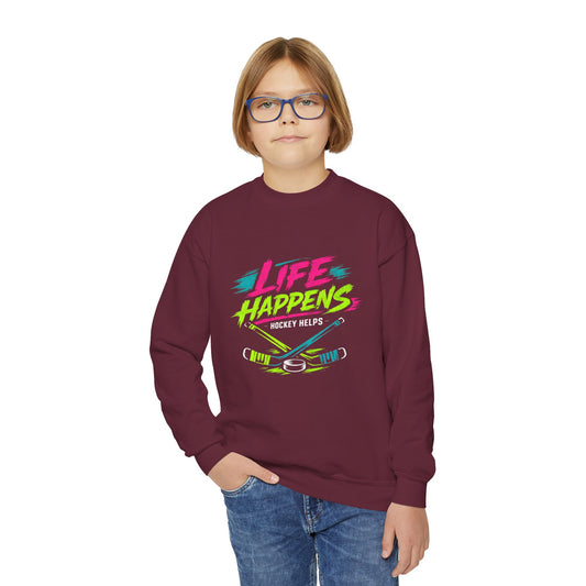 Youth Crewneck Sweatshirt — "Life Happens, Hockey Helps"