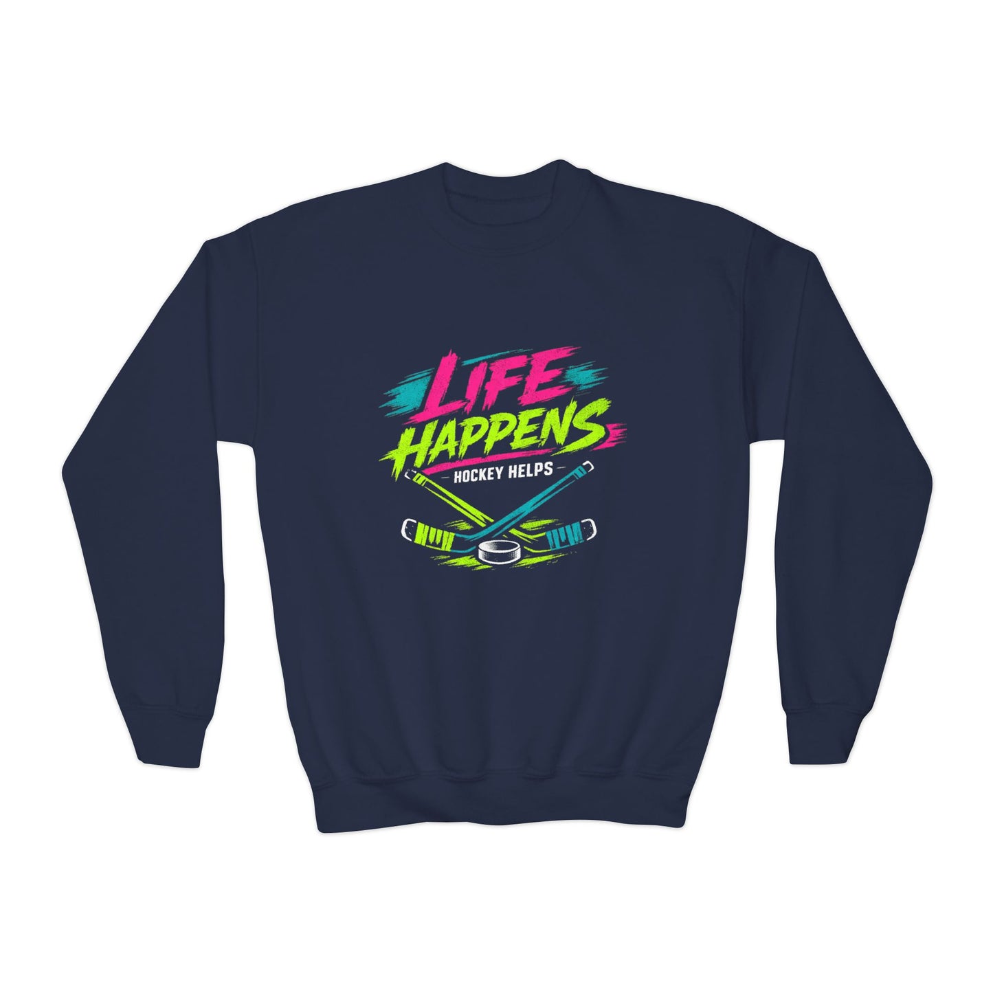 Youth Crewneck Sweatshirt — "Life Happens, Hockey Helps"