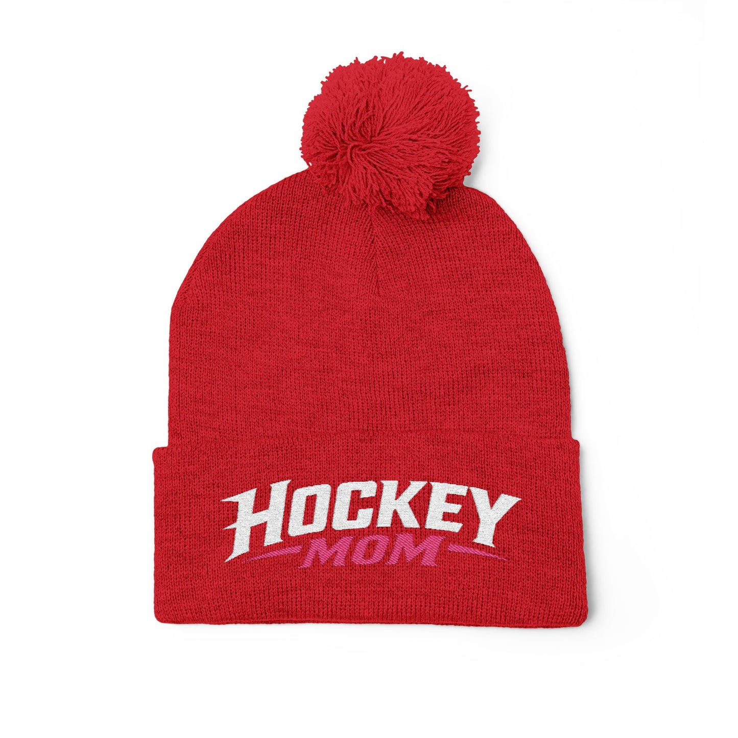 Hockey Mom Pom-Pom Knit Cap — Embroidered Winter Beanie