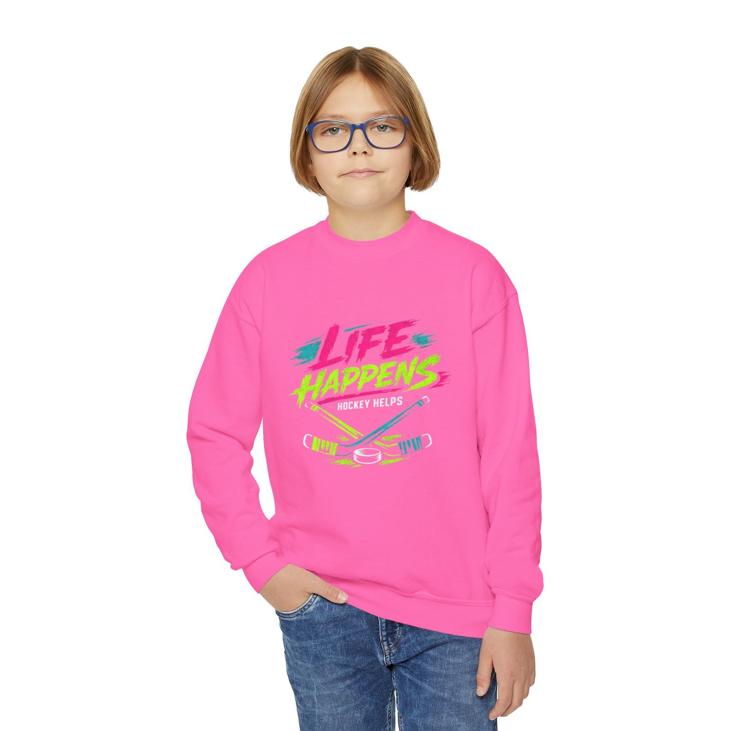 Youth Crewneck Sweatshirt — "Life Happens, Hockey Helps"