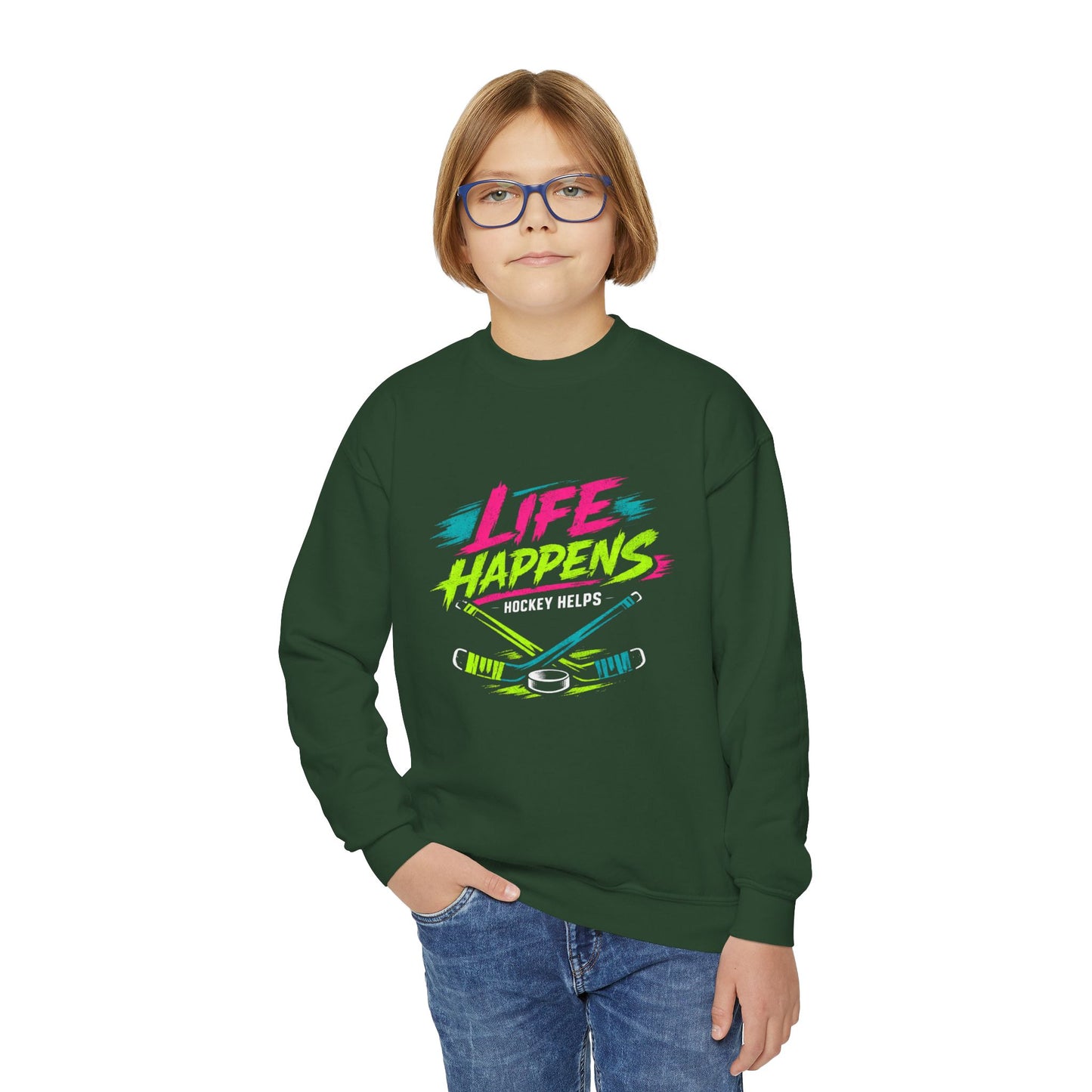 Youth Crewneck Sweatshirt — "Life Happens, Hockey Helps"