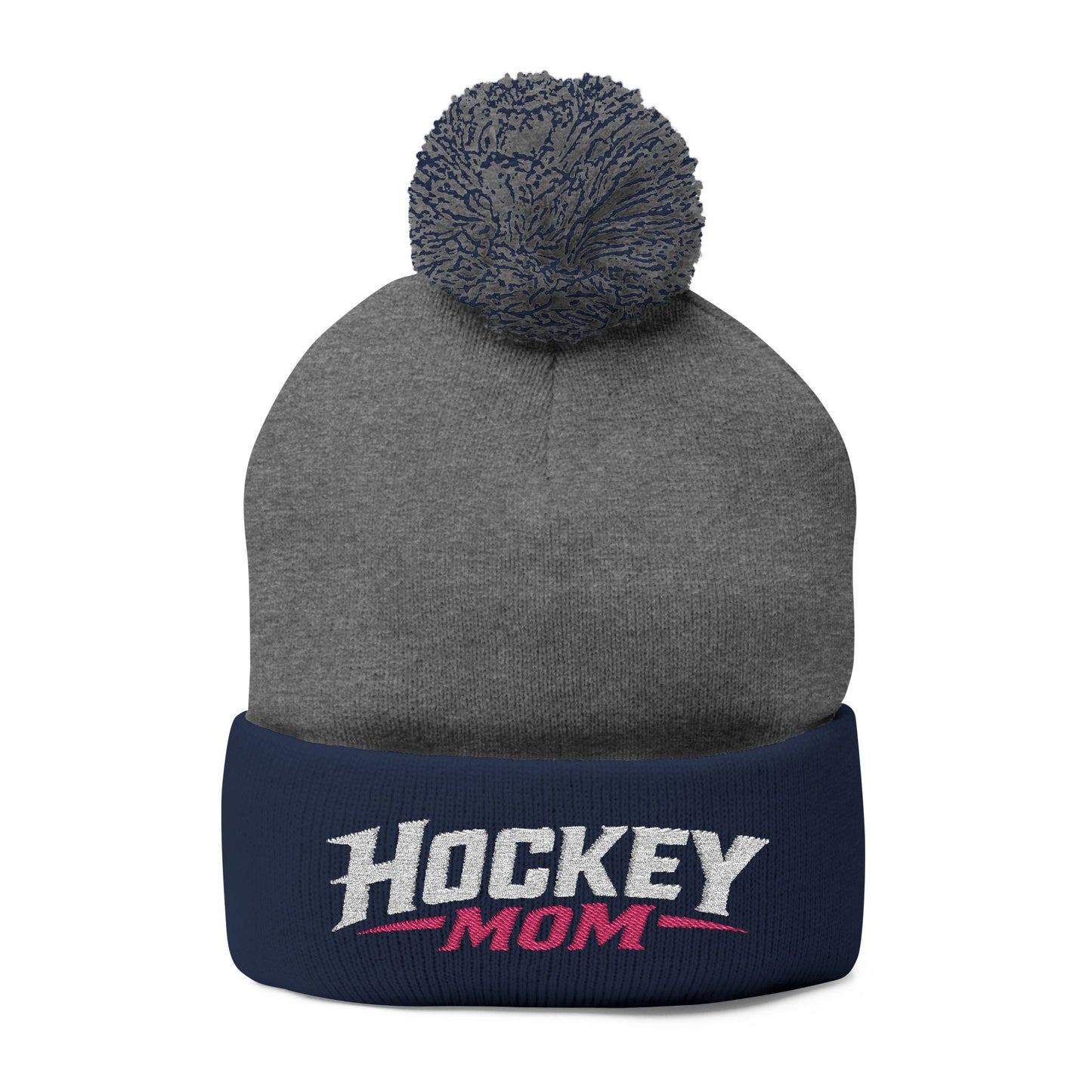 Hockey Mom Pom-Pom Knit Cap — Embroidered Winter Beanie