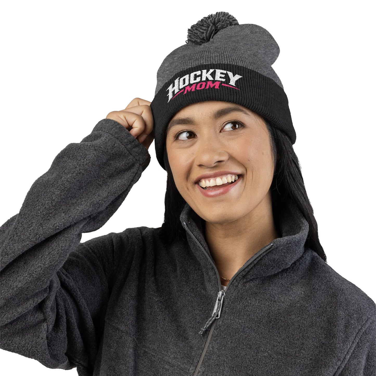 Hockey Mom Pom-Pom Knit Cap — Embroidered Winter Beanie