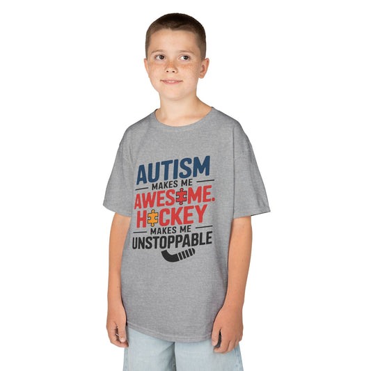 Kids Tee — "Autism Makes Me Awesome, Hockey Makes Me Unstoppable" Youth Hockey Awareness Shirt