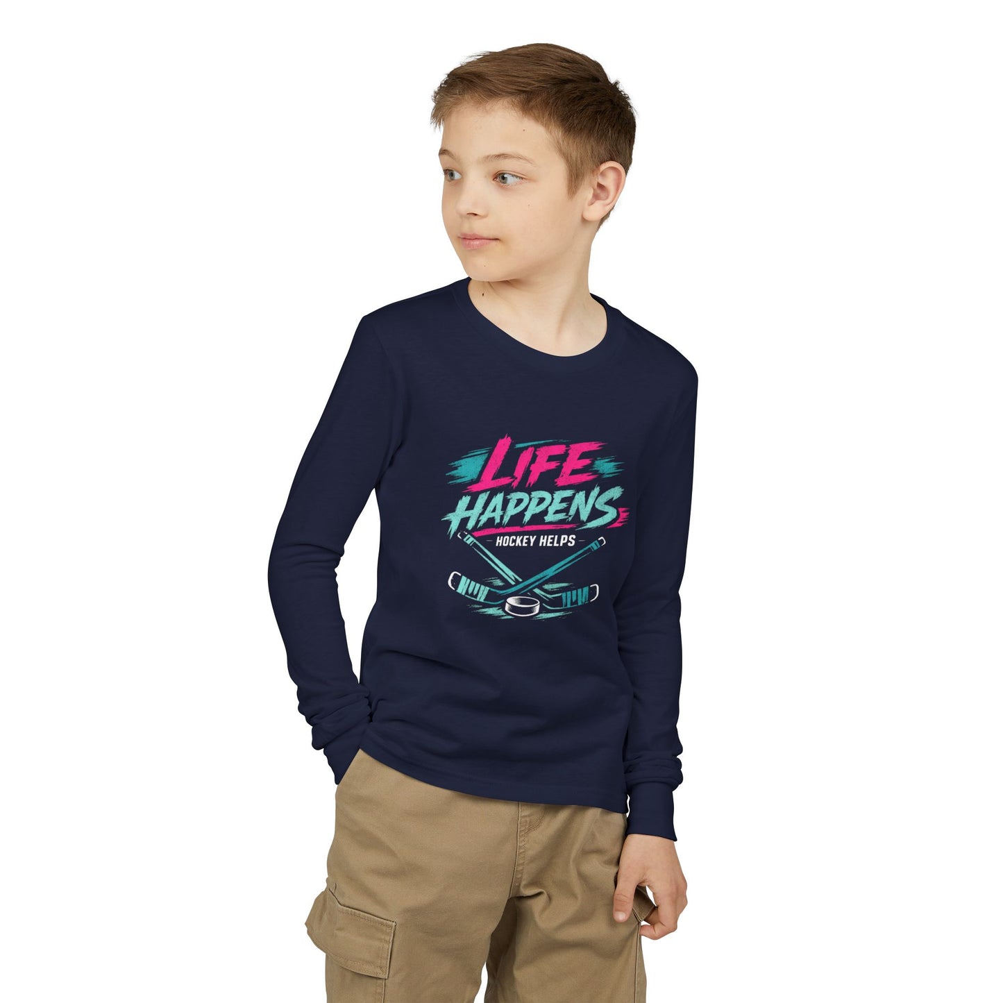 Youth Hockey Long Sleeve Tee — "Life Happens, Hockey Helps"