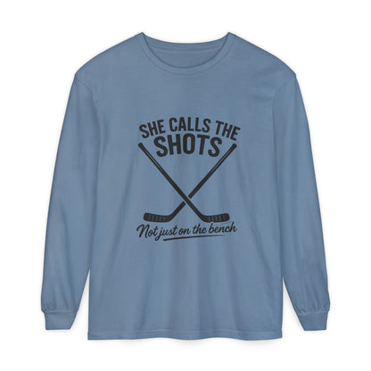 Female Hockey Coach Long Sleeve Shirt - She Calls the Shots, Sports Apparel, Gift for Athletes