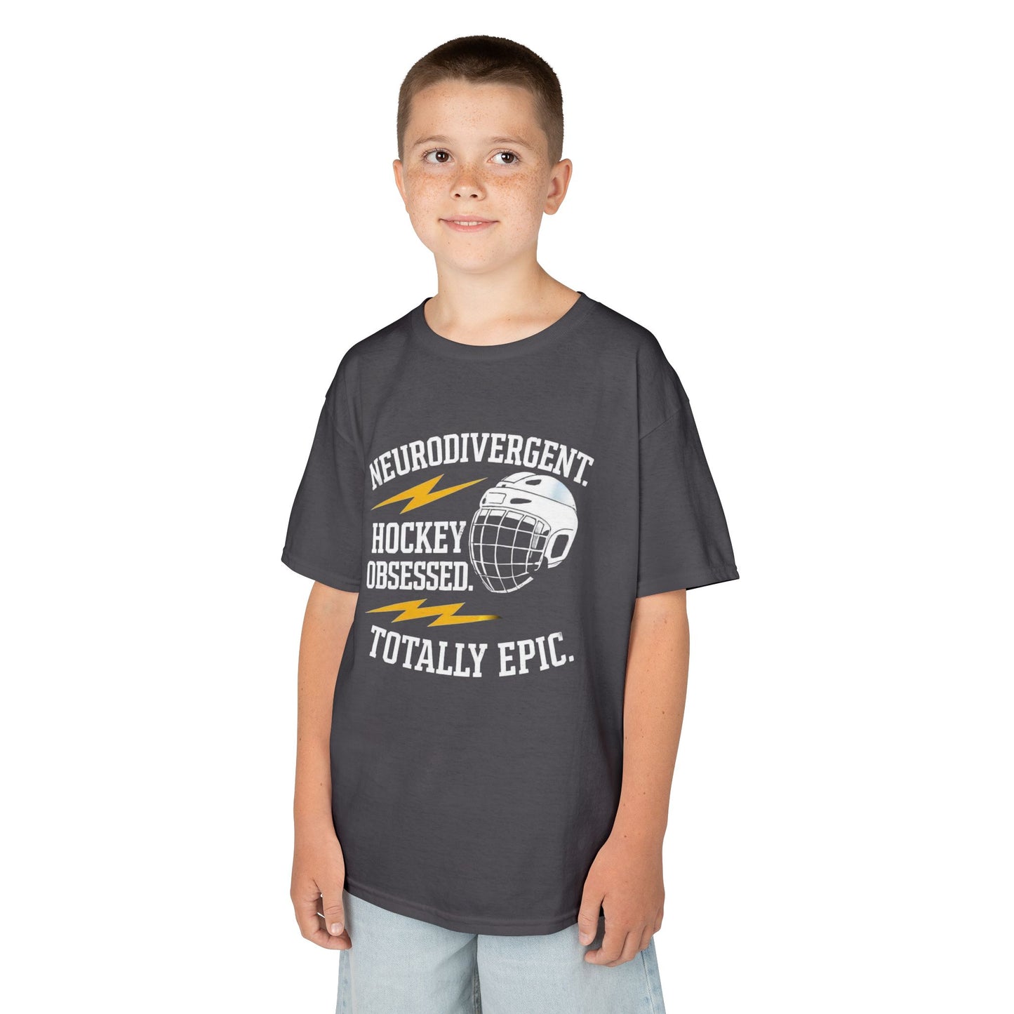 Kids Hockey T‑Shirt — "Neurodivergent Hockey Obsessed, Totally Epic"