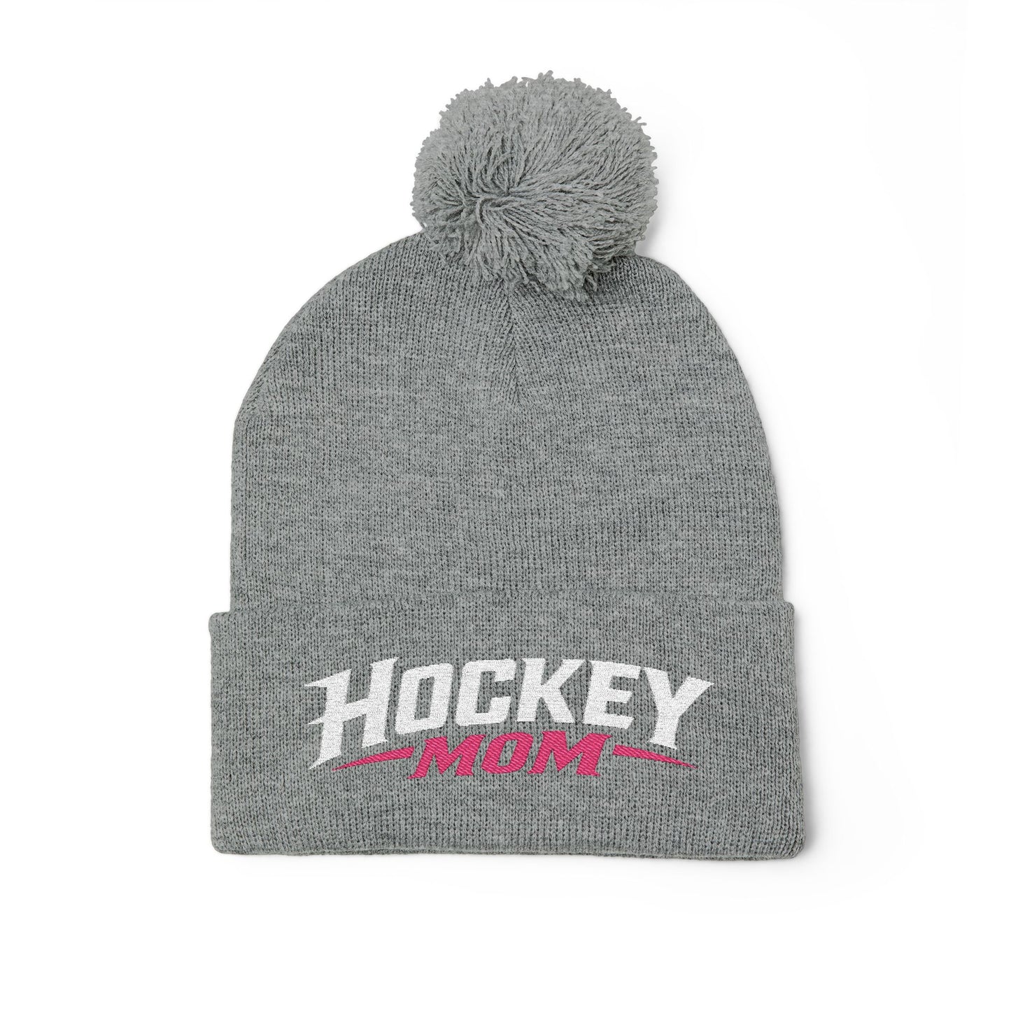 Hockey Mom Pom-Pom Knit Cap — Embroidered Winter Beanie