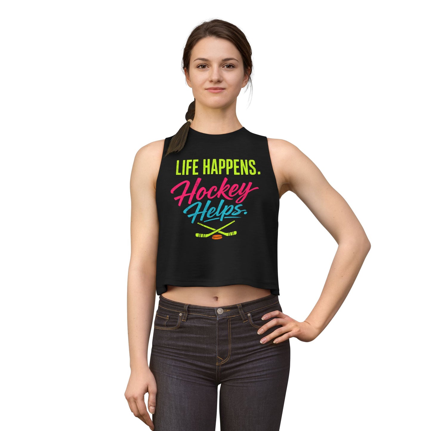 Hockey Helps Crop Top – “Life Happens. Hockey Helps.” Women’s Athletic Tank