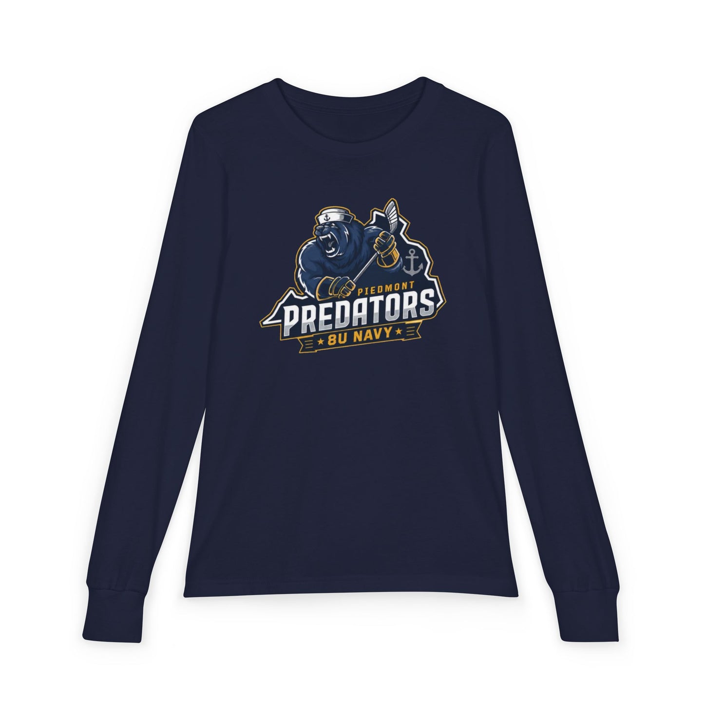 Predators 8U Navy Youth Long Sleeve Tee — Mascot Sports Team Shirt